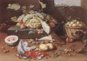 Jan Van Kessel the Younger Still life of a watermelon,pears,grapes and melons,plums,apricots and pears in a basket,with a dog surprising a monkey and fraises-de-bois spilling ou Sweden oil painting art